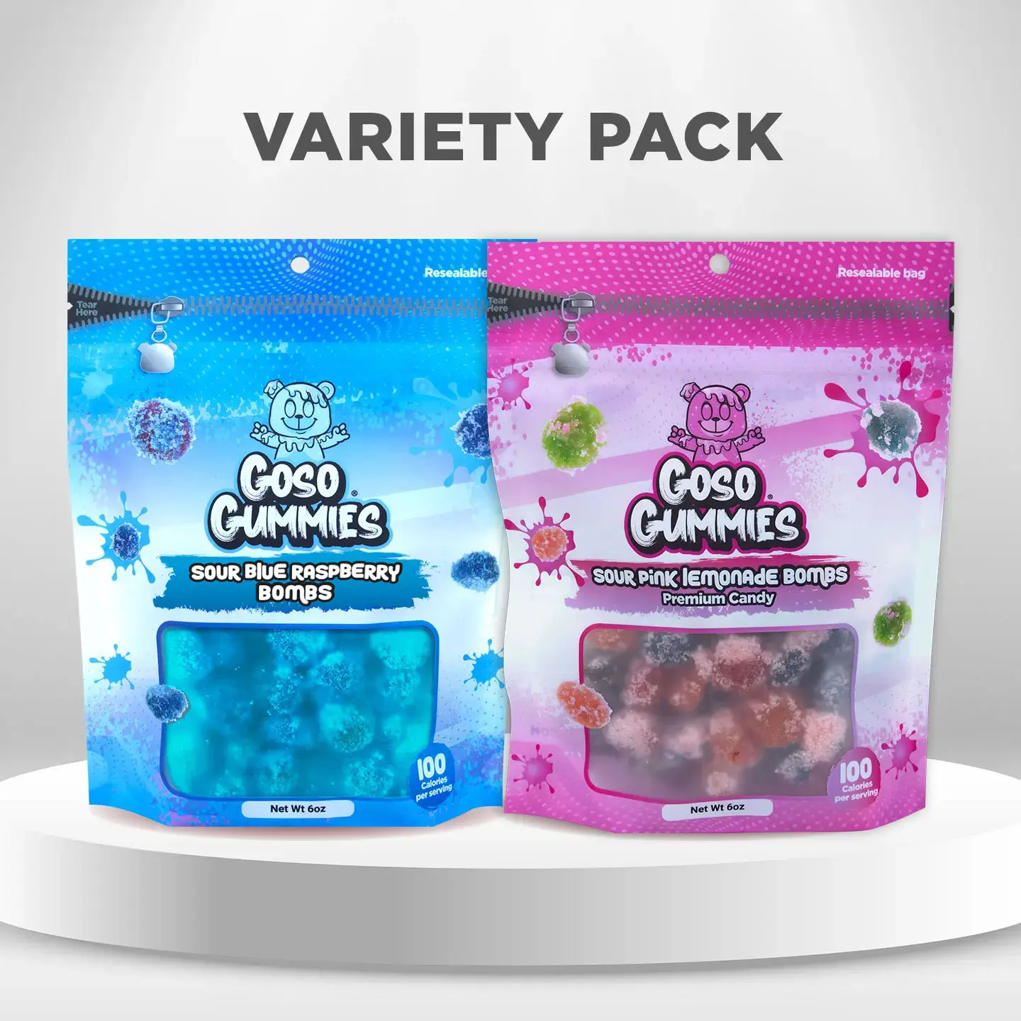 Goso Gummies Sour Blue Raspberry Bombs 6oz + Sour Pink Lemonade Bombs 6oz - 12oz Duo Pack - Sour Gushers Candy Snack