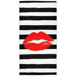 Pfrewn Sexy Red Lips Kiss Hand Towels 16x30 in, Fashion Black White Stripe Thin Bathroom Towel, Ultra Soft Highly Absorbent Small Bath Towel Bathroom Decor