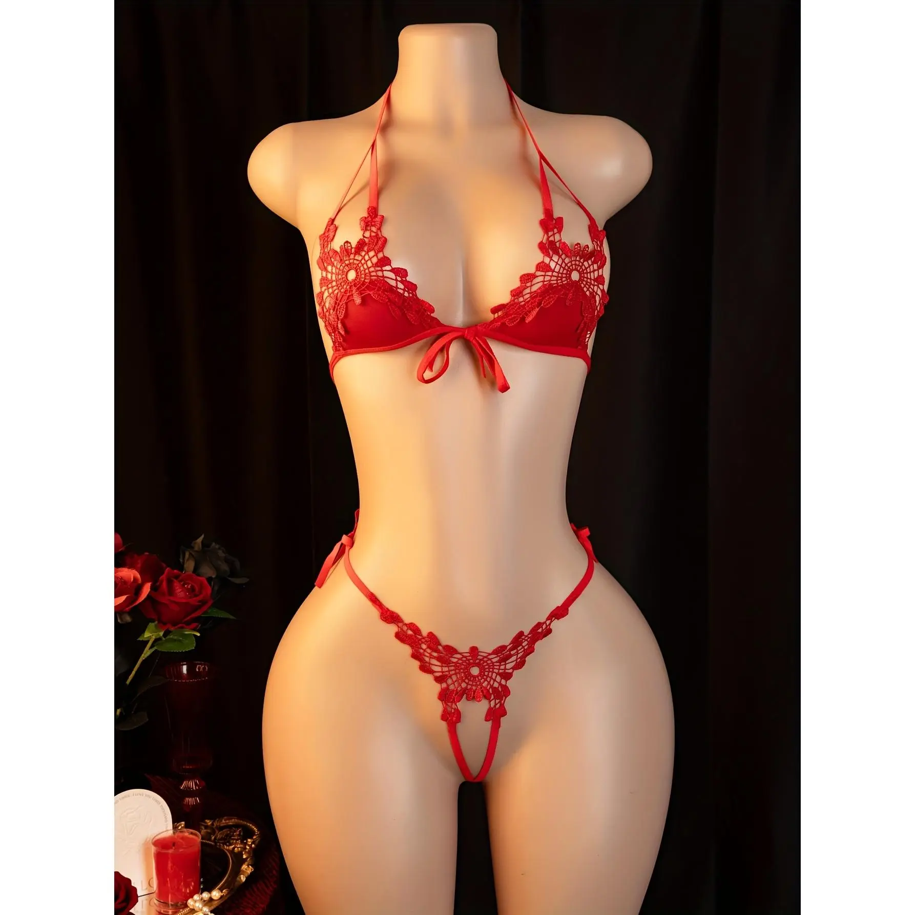 Sexy Lingerie Set with Three Points and Straps, No Need to Take Off, Seductive New Lingerie Set, Date Robe, Bed Passion Set, Valentine's Day Red New (Includes: Lingerie + Panties) Fabric Lace Womenswear Knit Solid Comfort 【Red】