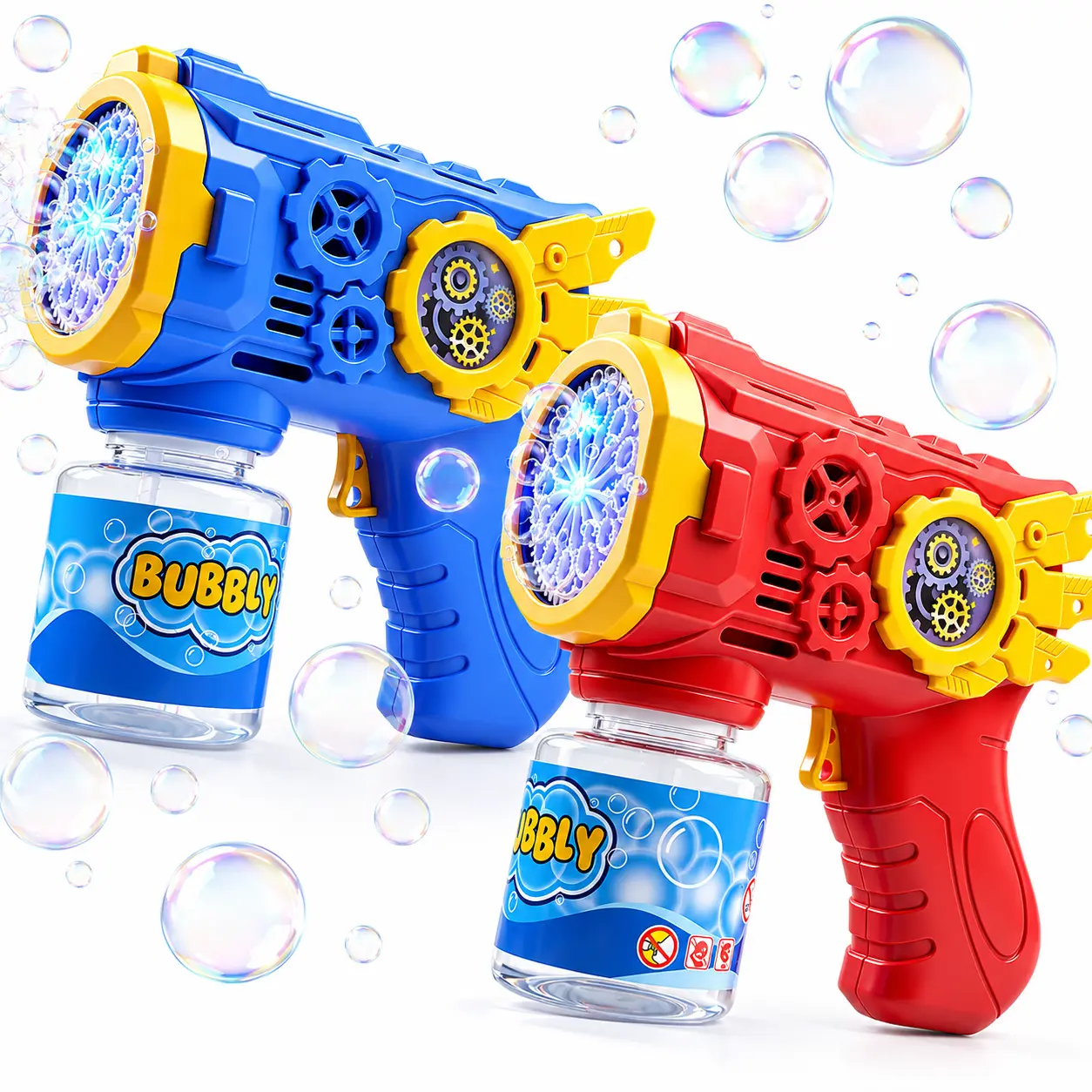 [2 Pack] Bubble Blasters Toy for Kids, Red & Blue Automatic Bubble Maker Toys with LED Lights, Leak-Proof Bubble Bottles, Outdoor Summer Party Bubble Toys for Boys Girls