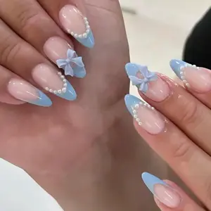 Elevate Your Style, 24pcs Medium Length Almond Shape Blue French Press-On Nails, Pearl & Bow Design, Glossy Acrylic False Nails Set, Easy Wear, Nail Decoration