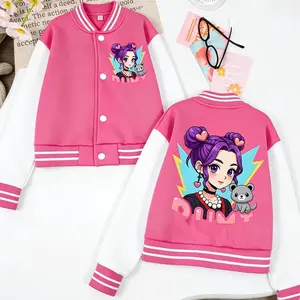 Girls 4-13 Casual Comfy Fall Winter Cropped Color Block Baseball Jacket, Cartoon Purple Hair Girl & Letter Print, Machine Washable Outdoor Wear, Ideal Gift for New Year & Back to School, Casual Comfy Jacket