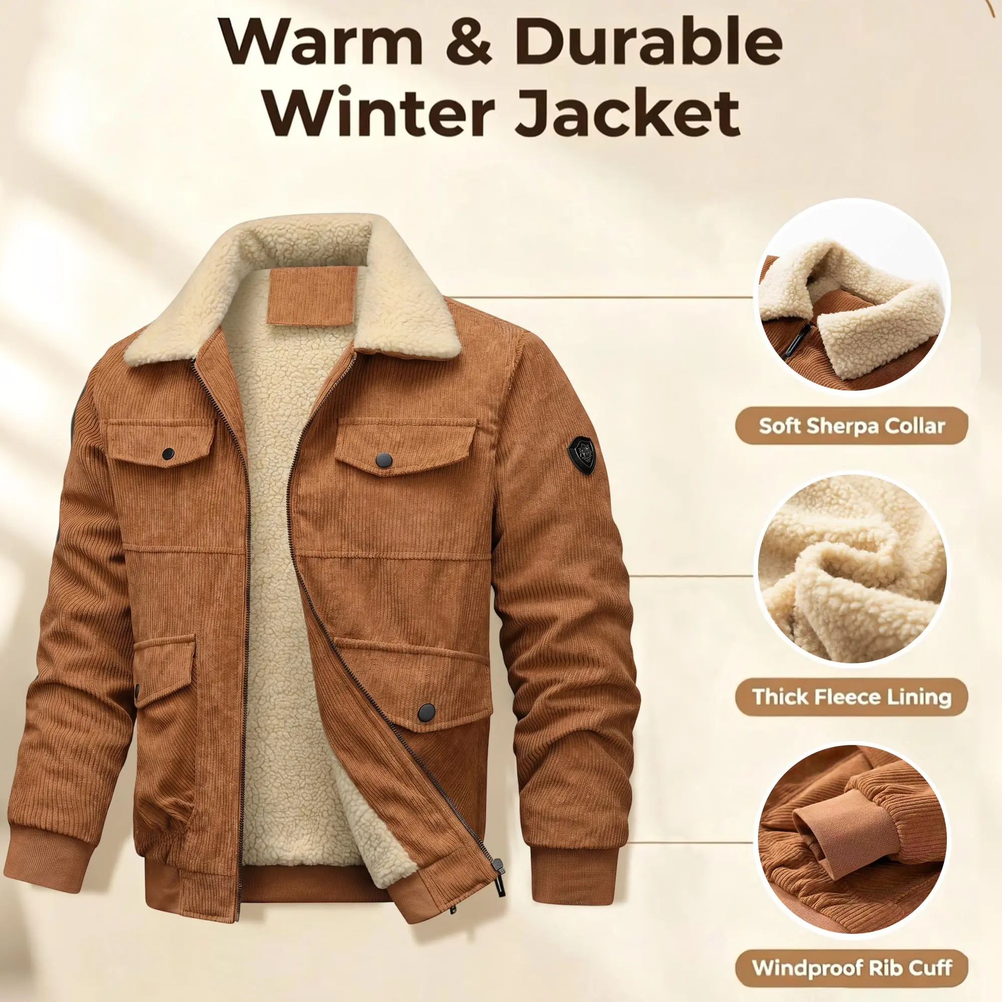 Men’s vintage casual corduroy jacket with lamb fleece collar, soft plush lining for warmth in winter. Multi-pocket design, classic fit, versatile and stylish. Casual outerwear suitable for light office wear, dates/outings, shopping, and everyday tasks.