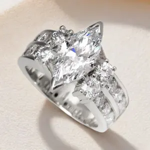 Elegant Genuine Micro Pave Cubic Zirconia Eye Ring 6 Claw Marquise Stone Wedding Engagement Promise Bride Eternity Ring Anniversary Birthstone Jewelry