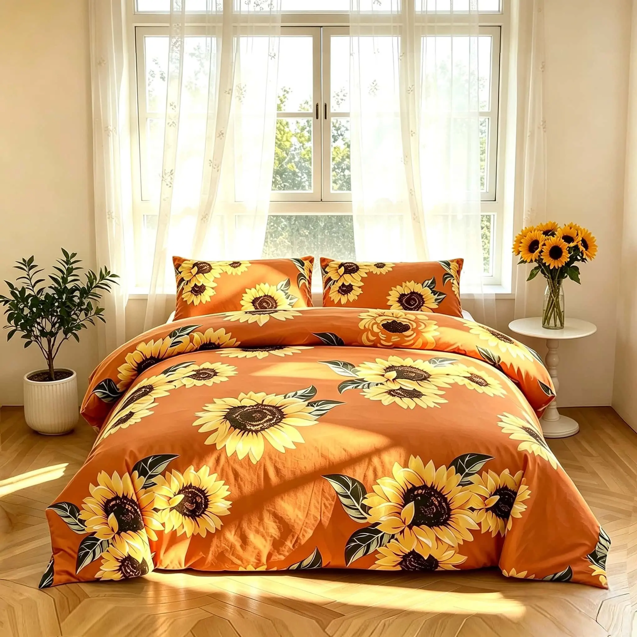 3pcs Sunflower Print Bedding Set, (Include 1*Duvet Cover, Without Duvet Insert,2 *Pillowcases, Without Pillow Core), Cozy Soft Fabric, Vibrant Prints, Detachable Zipper, Elegant Bedroom Decor, Perfect Gift, Printed Bedding Set