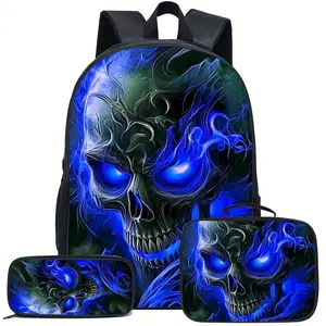 Men's Skull Print Backpack with Glowing Blue Eyes and Dark Smoke Design - Adjustable Shoulder Straps, Zipper Closure, Durable Polyester Fiber, Suitable for Casual Outings, Halloween, Theme Events