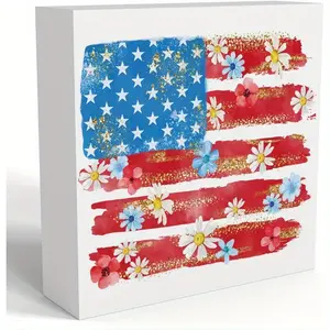 America Flag Flower Decor Memorial Day Fourth of July Independence Day Decoration Red White and Blue Decor 4th July Jesus Christian, Rustic Farmhouse Home Office Wooden Box Sign for Bathroom 5x5inch