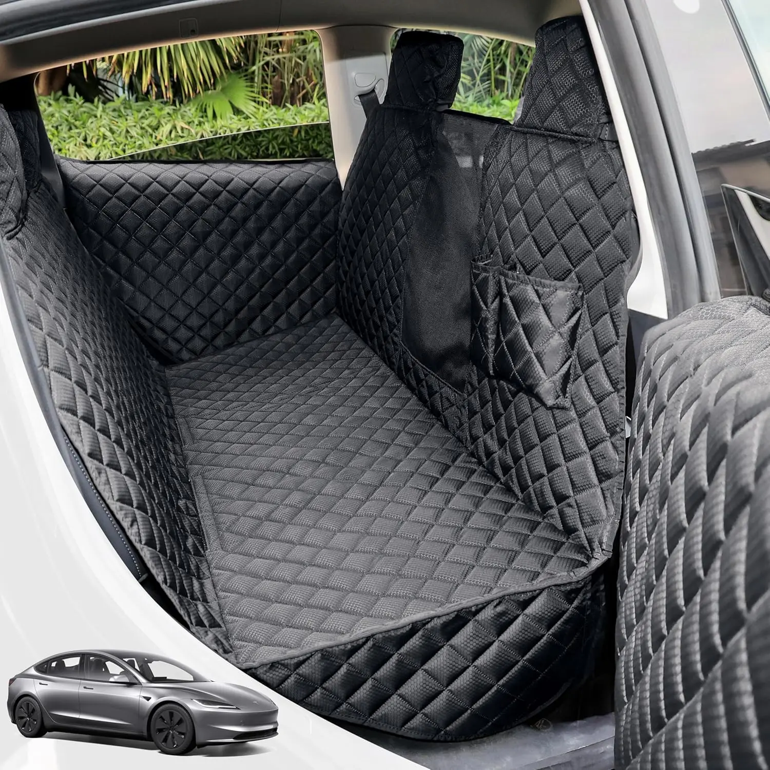 PETICON Dog Car Backseat Protector for Tesla Model 3 & Y, 100% Waterproof Hammock with Mesh Window, Headrest Protection, 2-Pack Door Protectors, Vacuum/Fabric-Compatible, Damp Cloth-Cleanable Interior Accessory, Car Seat Cover, Scratch Proof