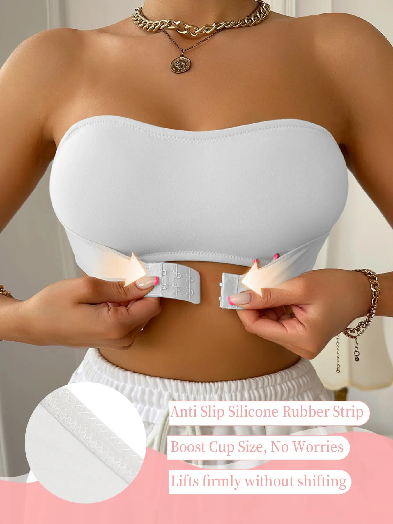Women's strapless bandeau bra, front closure design, made with soft and non-slip fabric, suitable for wearing with dresses, tops, and summer clothing.