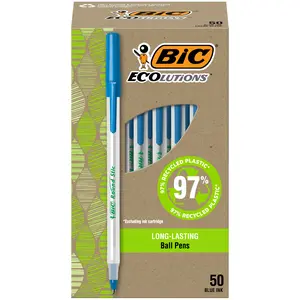 BIC Ecolutions Round Stic Ballpoint Pens, Medium Point (1.0mm), 50-Count Pack, Blue Ink Pens Made from 97% Recycled Plastic