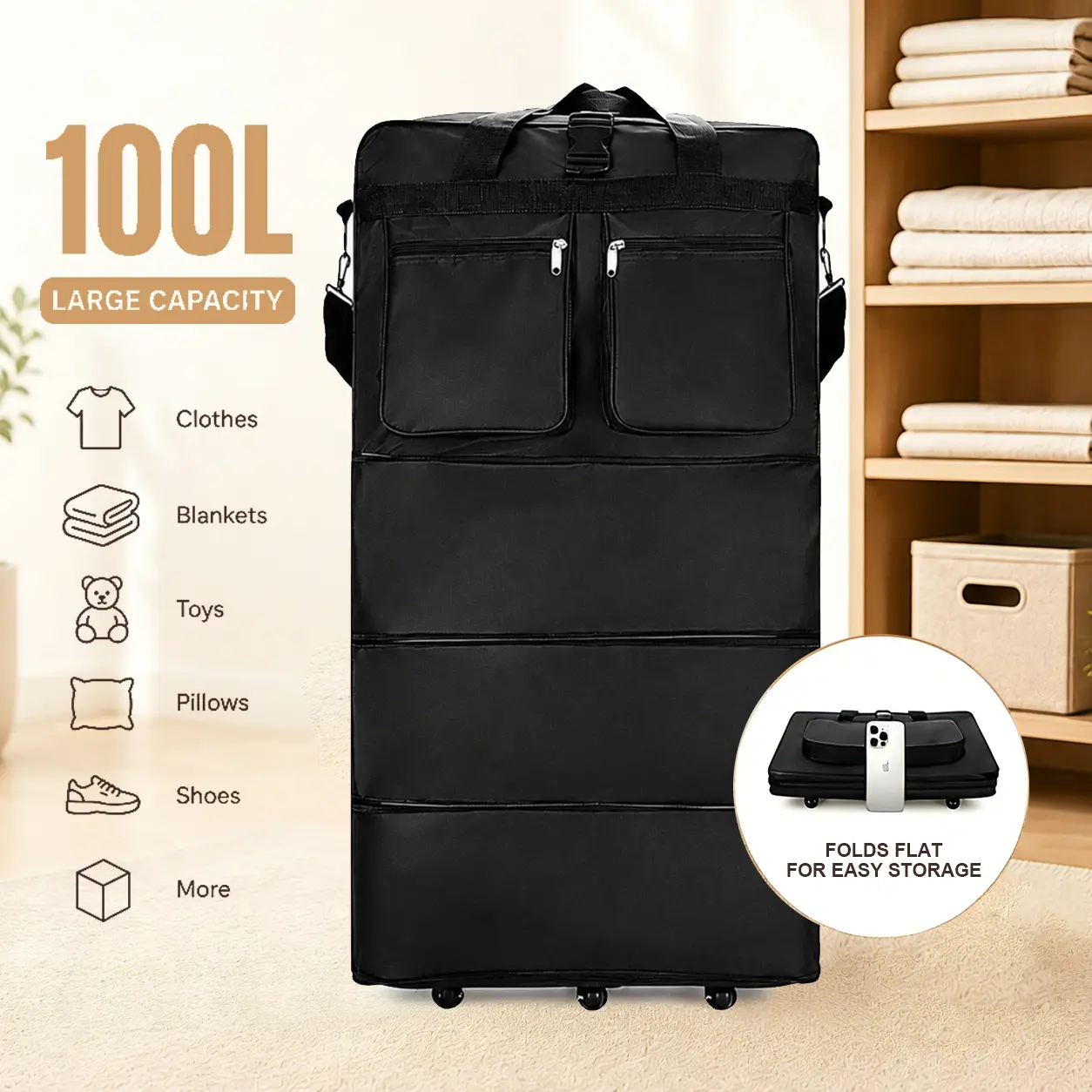 100L Foldable Expandable Wheeled Travel Bag - Large-Capacity Storage Bag for Travel, Moving & Home Organization duffle multifunctional portable business trip work cute Duffel Bags Convenient Carry Bag