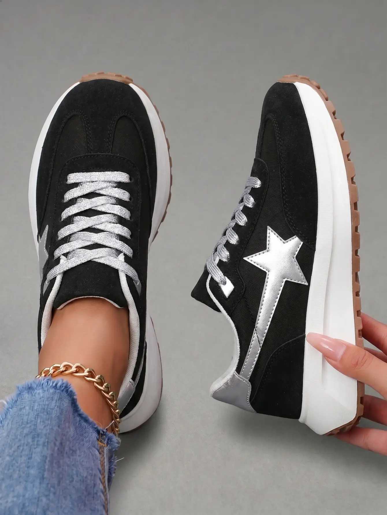 Colorful Chunky Platform Casual Trainers for Women, Retro Silver Star Suede Mesh Shoes with Height-Increasing Non-Slip Sole for Daily Wear, City Street Fashion Casual Trainers, Business Casual Outfits