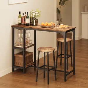 Gizoon 3-Piece Bar Table Set for 2, Table with Stools & 2 Storage Shelves, Small Bar Table Set with Glass Rack, Small Kitchen Table for Dining Room, Living Room, Rustic Brown