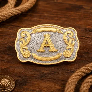 Vintage Style Western Cowboy Cowgirl Belt Buckle with Gold Plated Initial Letter