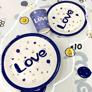 30-piece blue and white tableware set, serves 10 guests, disposable party plates, includes: 10 blue and white party plates, 10 dessert plates, 10 cups suitable for weddings, birthday parties