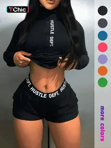 Women's Letter Print Long Sleeve Tee & Zipper Pocket Shorts Set, Casual High Neck T-shirt & Tape Shorts for Spring & Fall, Ladies Clothes for Daily Wear, Womenswear