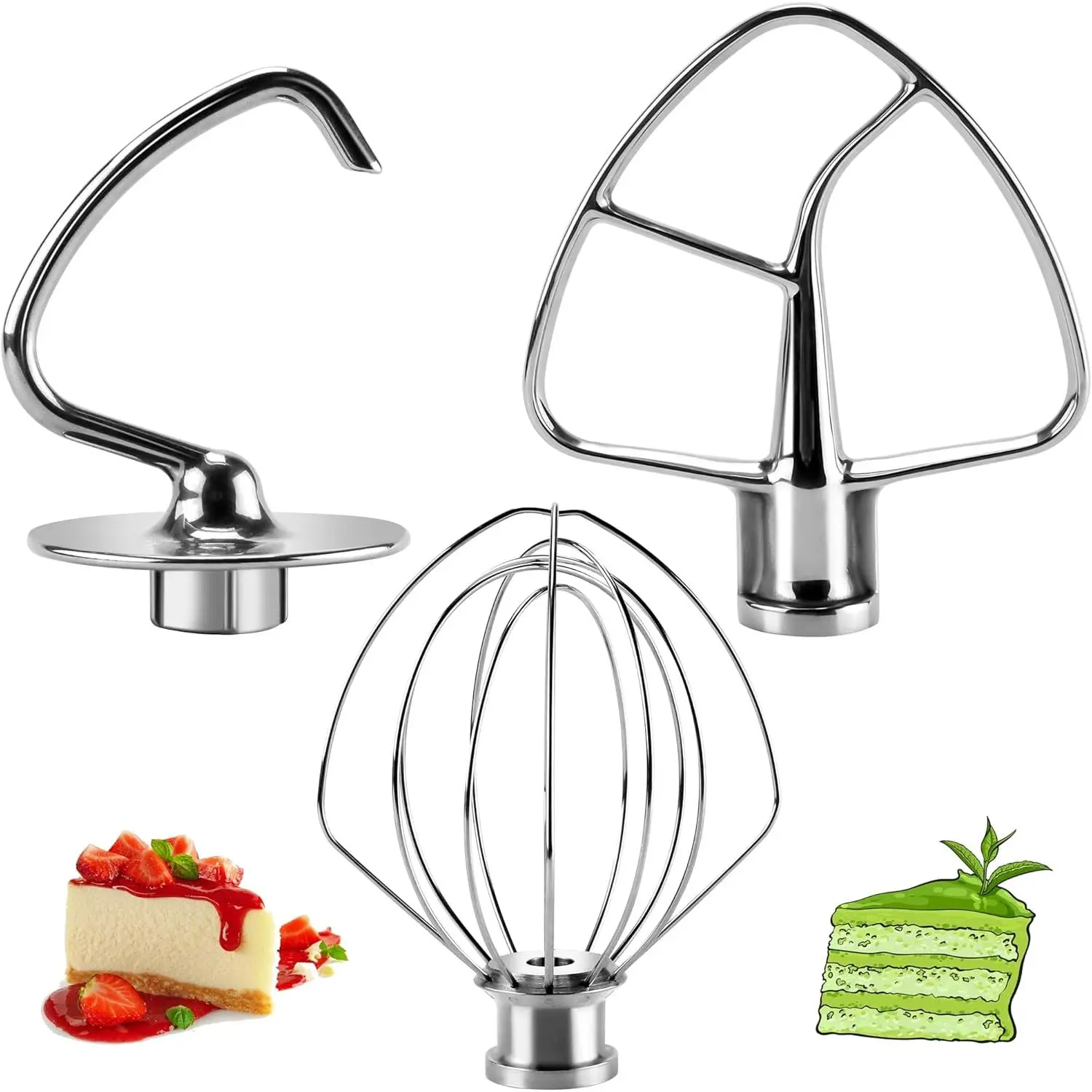 Stainless Steel Kitchen Mixer Accessories K45DH Coated Dough Hook&Kitchen Mixer Attachments K45b Coated Flat Beater&K45WW Wire Whip Compatible for 4.5 QT Tilt- Stand Mixer-