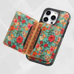 3 Card slots wooden wallet case for iPhone 17, 16, 15, 14, 13, 12 Pro Max Plus-shockproof, foldable, magnetic stand card holder with fashion flower pattern design-premium quality, durable cover