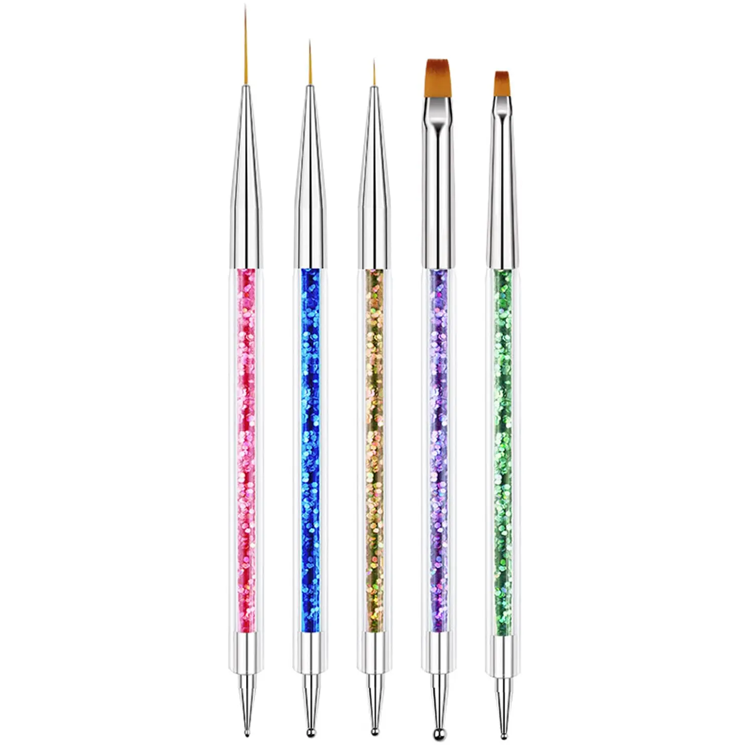Nail Art Brushes 5pcs Double-Ended Acrylic Nail Brush Set with 7/9/11mm Liner Brushes Flat Brushes & Dotting Tools for Manicure Design