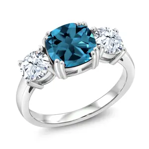 Gem Stone King 4.24 Cttw London Blue Topaz and White Zirconia 3-Stone Engagement Ring For Women |  925 Sterling Silver | Center Cushion 8MM | Wedding Engagement Anniversary Promise Ring