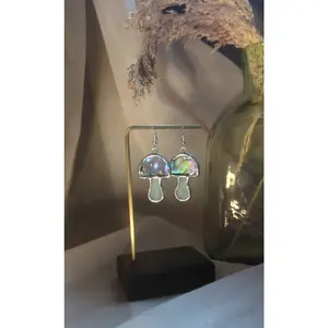 Iridescent Pale Blue Mushroom Earrings, Handmade Stained Glass Jewelry