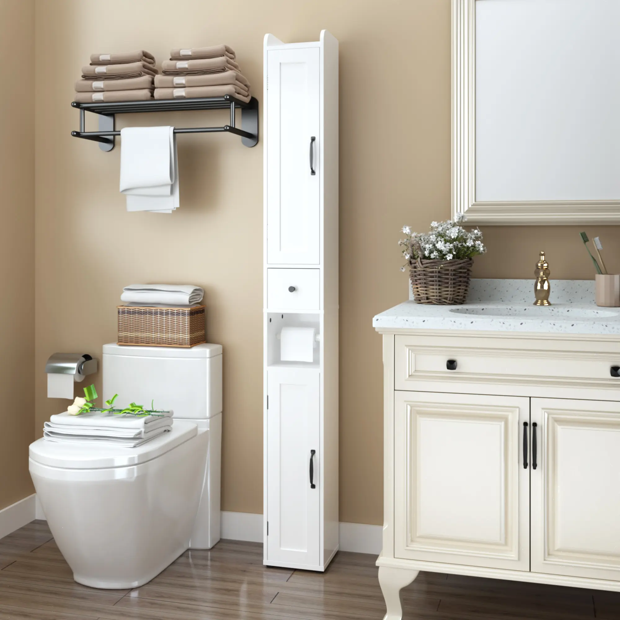 White Freestanding Cupboard Pantry - 67.5in Tall Bathroom Storage Furniture, Sturdy Slim 2-Door for Easy Access, Anti-Tip Safe, Adjustable Shelves Fit Changing Needs, Separate Zones Keep Toiletries Sorted, Fits Tight Corners/Small Spaces, Easy Assembly