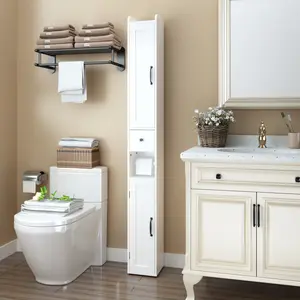 67.51" Tall Bathroom Storage Cabinet with Adjustable Shelves Slim 2 Doors Freestanding Anti-Tip Open Compartments for Home Small Spaces Bathroom Kitchen Living Room Easy Assembly White