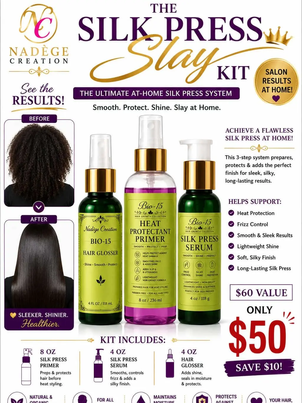 Nadège Creation Bio-15 Silk Press Slay Kit | Heat Protectant, Hair Glosser & Silk Press Serum for Smooth Silky Hair