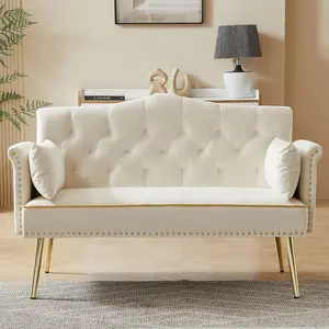 55" Buttons Tufted Modern Comfy Velvet Upholstered Loveseat Sofa, Gold Metal Legs, Side Pockets, Mini Upholstered Couch for Living Room, Bedroom, Cream White, Buttons Tufted Couch, Modern Comfy Couch