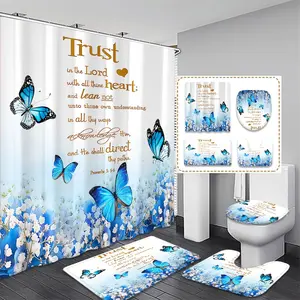Creative Blue Butterfly Bathroom Curtain Set, Includes Toilet Cover, Bath Mat, Hooks, Modern Home Decor, Christmas Gift, Shower Curtain Sets