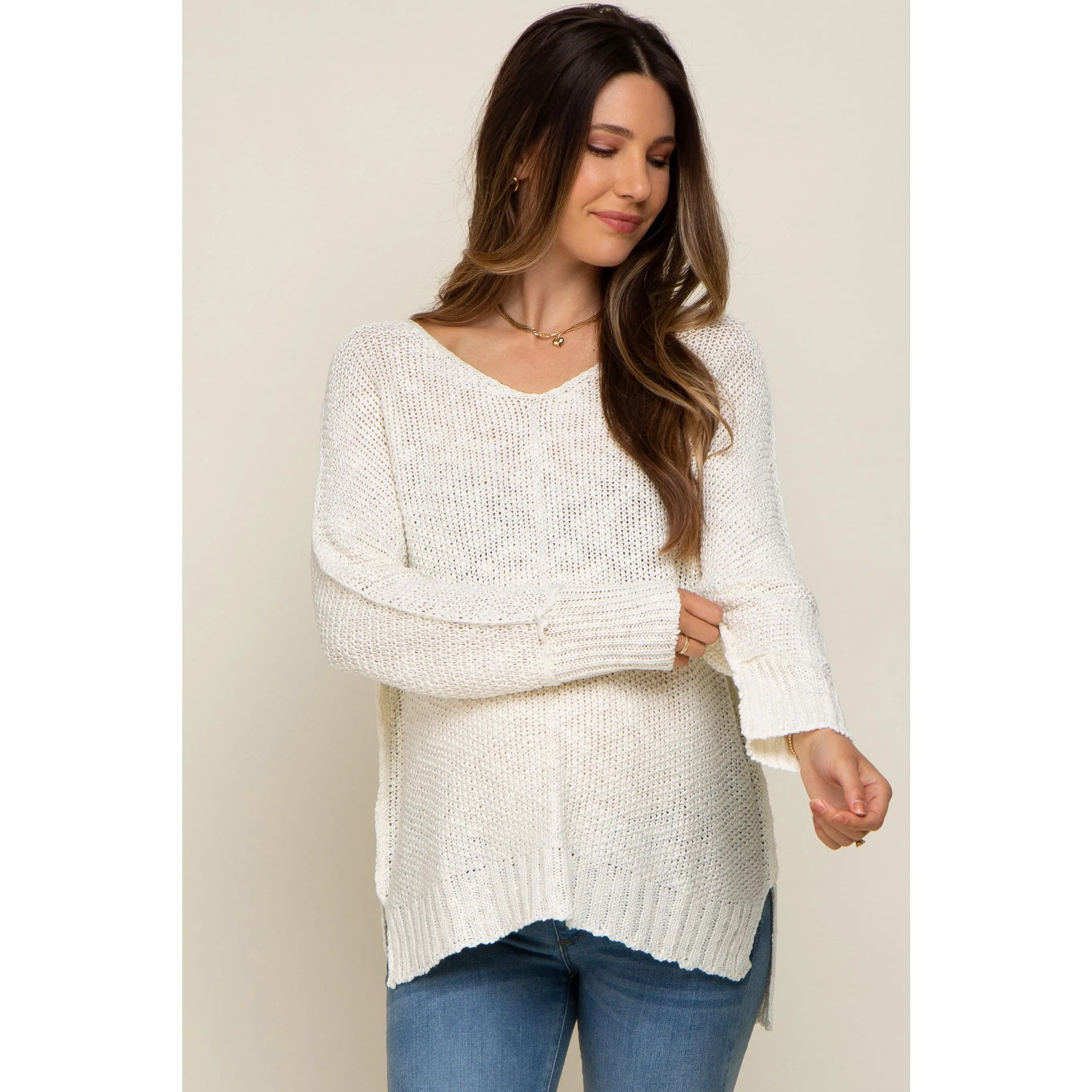 Cream Chunky Knit Maternity Sweater with Side Slit, Maternity Wear for Pregnancy Clothing & Accessories, Pregnancy Maternity Clothing & Accessories