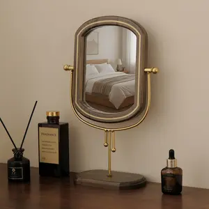 Vintage Wooden Vanity Mirror Rotating Standing Tabletop Makeup Mirror with High Definition Arched Mirror for Home Bedroom Decor
