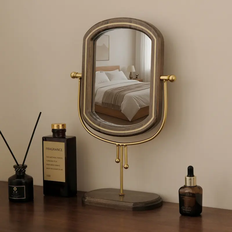 Vintage Wooden Vanity Mirror Rotating Standing Tabletop Makeup Mirror with High Definition Arched Dressing Mirror for Home Bedroom Decor Decorative Mirror
