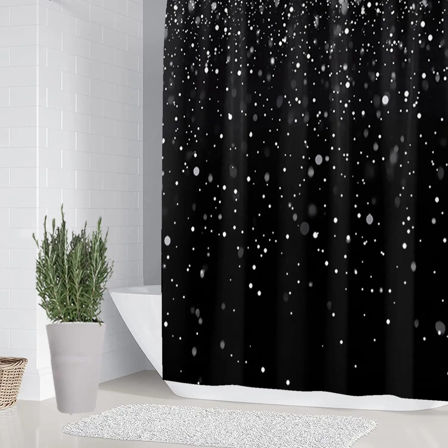 1/4 piece black starry design bathroom set, including soft floor mats and toilet seat cushions, shower curtains, home decor, Printed Shower Curtain
