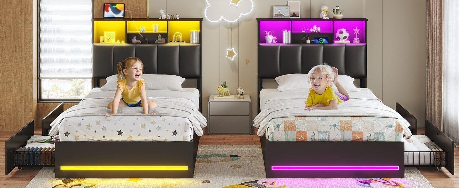 SIKAIC LED Bed Frame - Bedroom Furniture with MDF Board Bookcase Headboard, 4 Storage Drawers, USB Port, Type-C Charging Station, Black LED Light Platform Bed SIKAIC LED Bed Frame - Bedroom Furniture with MDF Board Bookcase Headboard, 4 Storage Drawers, USB Port, Type-C Charging Station, Black LED Light Platform Bed