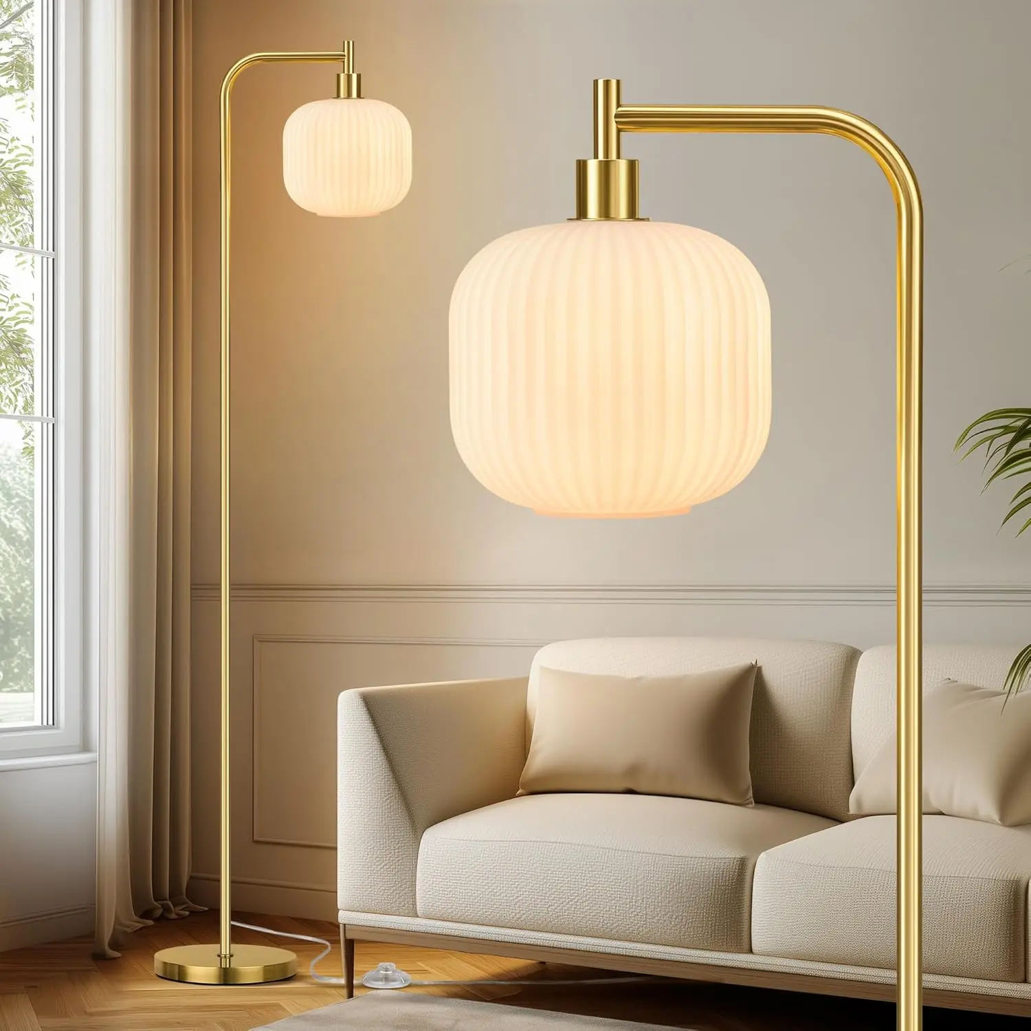 Glass Floor Lamp for Living Room, 67” Modern Standing Lamp with Cream Ribbed Glass Lampshade Pedal Switch Tall Lamp for Bedroom, Brushed Gold (2700K LED Bulb Included)