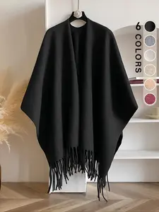 Solid Color Poncho Cape, Casual Fringe Decor Shawl for Women, Fashion Accessories for Fall & Winter, Fringe Trim Shawl, Tassel Decor Shawl