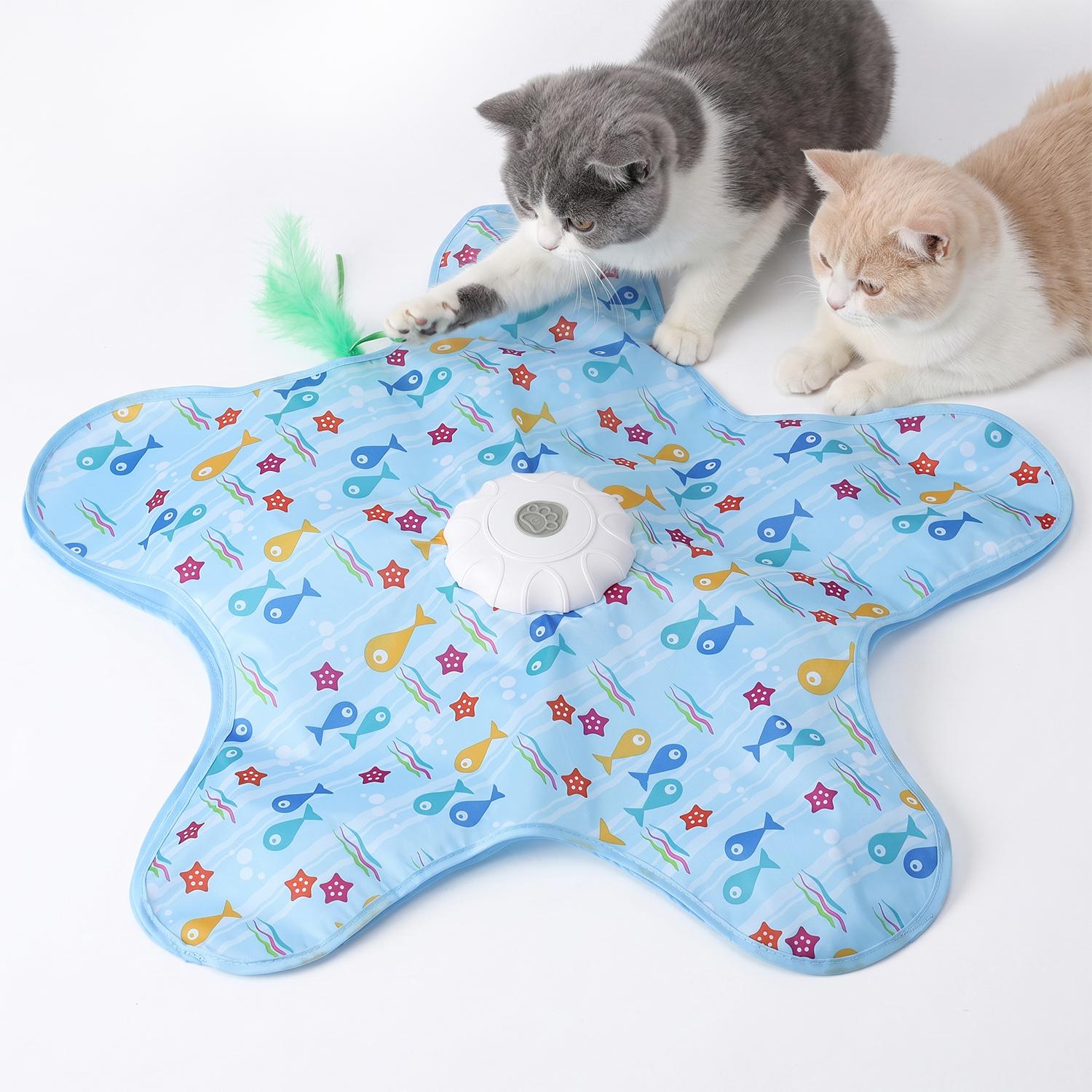 Interactive Cat Toy Mat with 360° Rotating Feather, Automatic Electronic Cat Teaser Toy, Fish & Star Printed Cat Play Mat for Indoor Cats, Stimulating Hunting & Chasing Game Interactive Cat Toy Mat with 360° Rotating Feather, Automatic Electronic Cat Teaser Toy, Fish & Star Printed Cat Play Mat for Indoor Cats, Stimulating Hunting & Chasing Game
