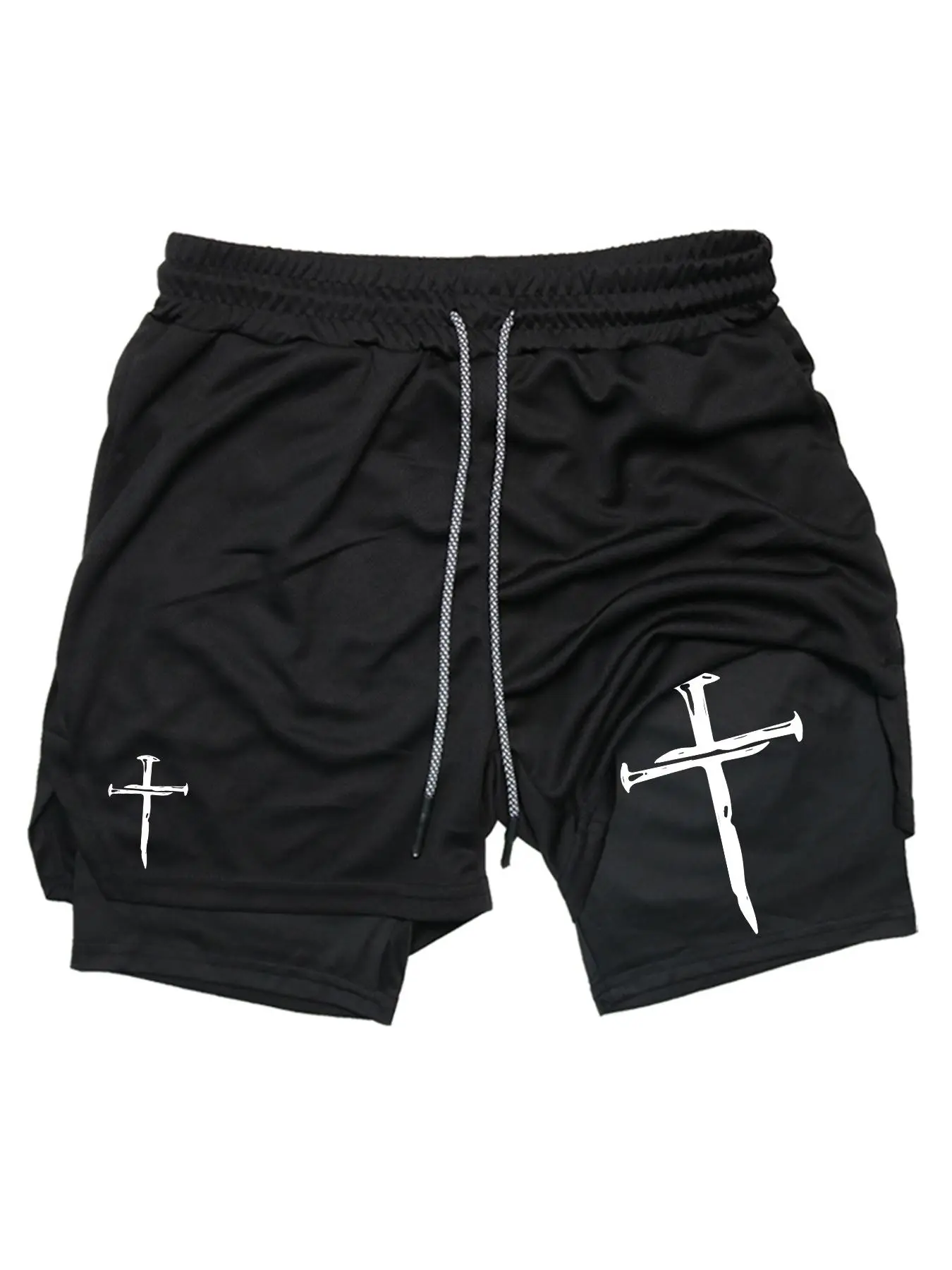 Men's Cross Print Drawstring Waist 2 in 1 Sports Shorts, Regular Fit Sporty Breathable Quick Drying Pocket Shorts, Gym Shorts, Summer Sports Bottoms for Gym Workout Running, Gym Clothing, Athletic Wear Shorts