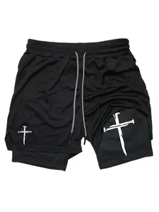 Men's Cross Print Drawstring Waist 2-in-1 Sports Shorts, Regular Fit Breathable Quick Drying Pocket Shorts, Summer Bottoms for Gym Workout Running