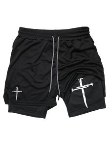 men's cross print drawstring waist 2 in 1 sports shorts, regular fit sporty breathable quick drying pocket shorts, gym shorts, summer sports bottoms for gym workout running, gym clothing