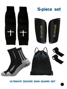5-piece set of men's football leg guards, leg guards, bandages, anti slip socks, lightweight anti displacement football calf protection, Football Kit