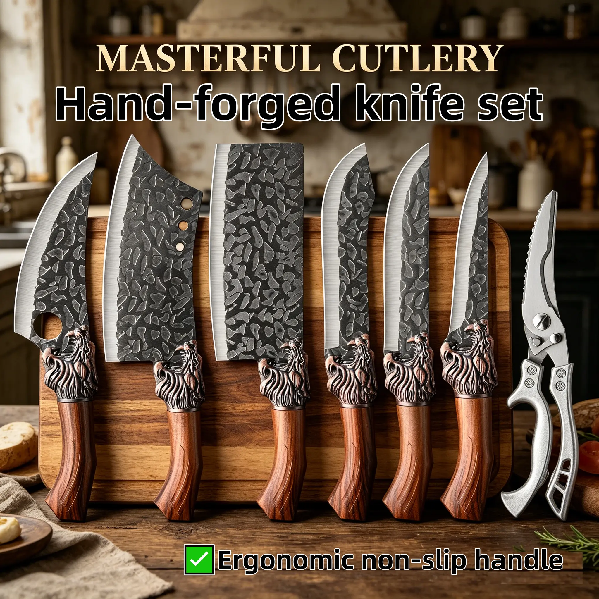 Professional chef knife set for the kitchen, handmade stainless steel knives: bone cutter, meat slicer, fish knife, multi-functional kitchen scissors, extremely sharp scissors. Mother's gift. Dragon Utensil 7Pcs Meat Bone Cleaver Kitchenware