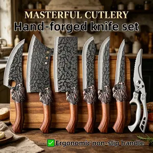Professional chef knife set for the kitchen, handmade stainless steel knives: bone cutter, meat slicer, fish knife, multi-functional kitchen scissors, extremely sharp scissors. Mother's gift. Dragon Utensil 7Pcs Meat Bone Cleaver Kitchenware outdoorfun