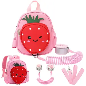 KF5-CPB03  Toddler Backpack with Leash,  4 in 1 Kids Mini Backpacks with Anti Lost Wrist Link, Cute Child Harness Bag Rein for Outdoor, Strawberry Back Pack Rope Tether for Baby Girls Aged 1-3 Years (Pink)