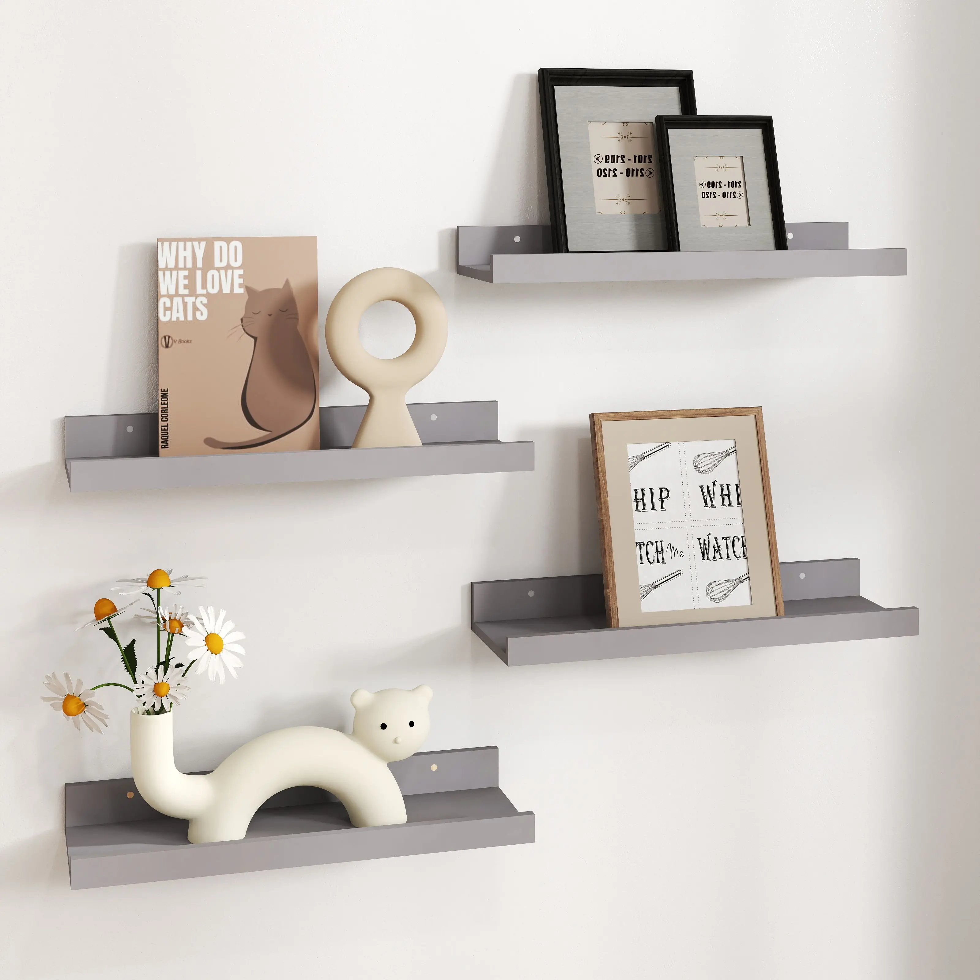 4-Piece Modern White Wood Wall-Mounted Floating Shelves with Edge Design - Home Decor Shelves for Bedroom, Living Room Storage & Photo Display