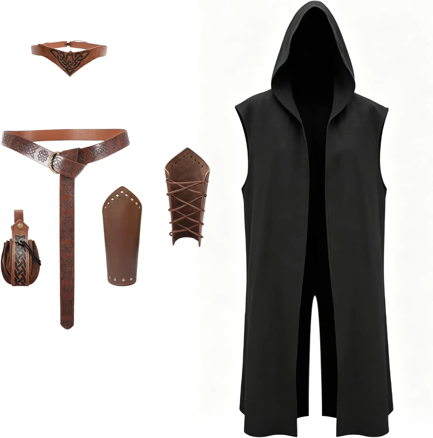 Medieval Costume Set for Men Women, Renaissance Hooded Cloak Viking Outfit