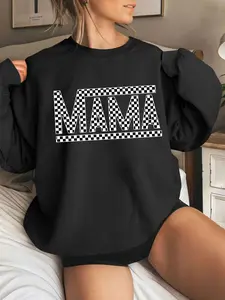 Women's Black Oversized Long Sleeve Sweatshirt - Checkered "MAMA" Graphic Mom Style Casual Pullover
