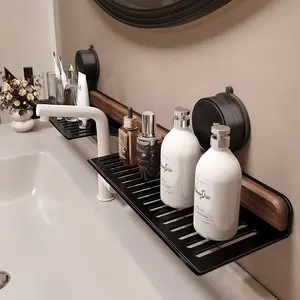 Walnut Wood Suction Cup Faucet Storage Rack, No Drill Bathroom Organizer for Sink, Bathroom Organization