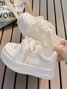 Women's White Platform Sneakers Breathable Mesh Summer Shoes Pearl Lace Decor Kawaii Casual Shoes Comfortable Height Increasing Fashion Sneakers for Women 2026 Trainer
